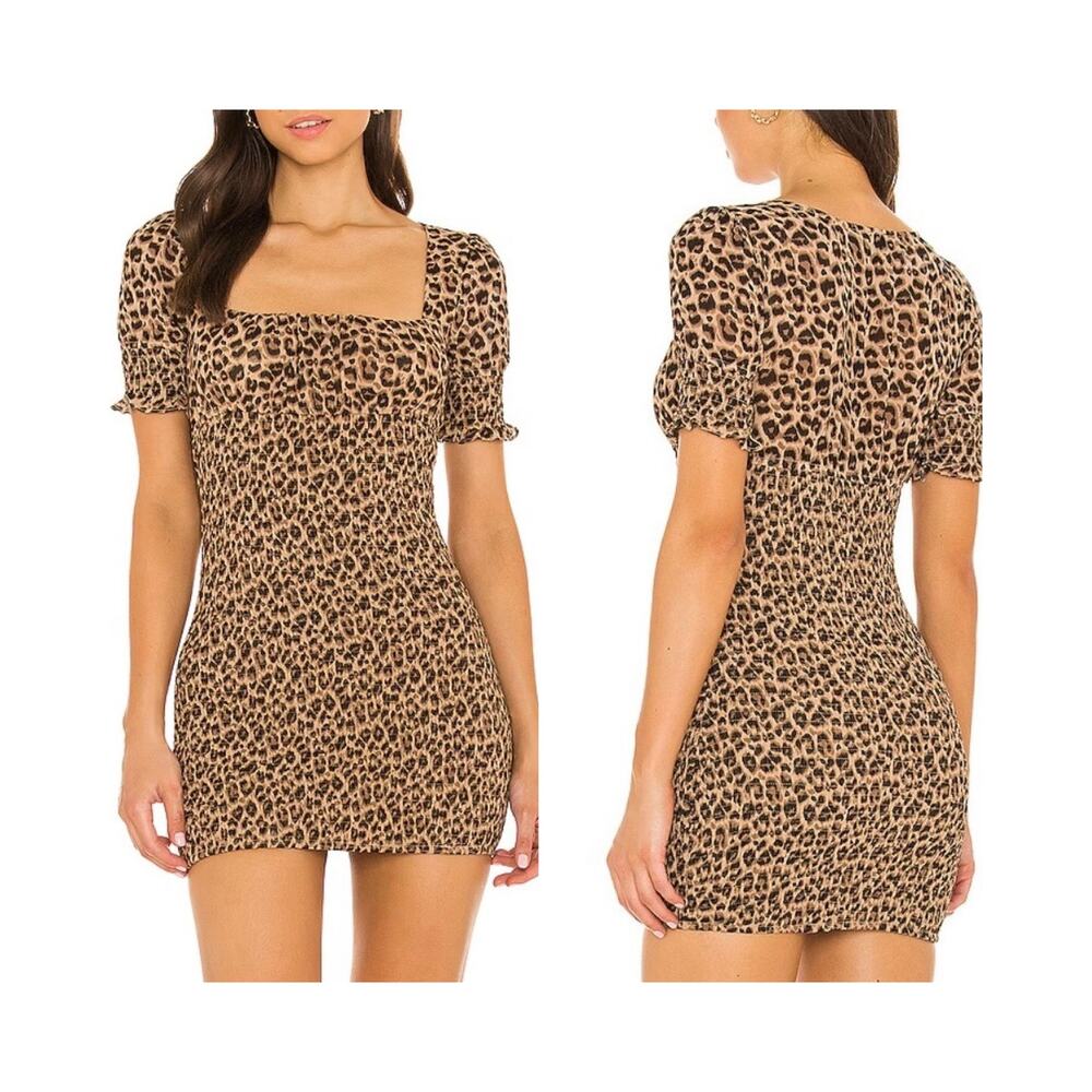 MAJORELLE Mini Dress Short Sleeve Lexi Leopard Print Smocked Revolve